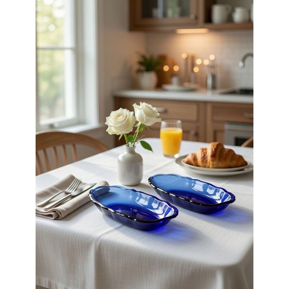 Anchor Hocking Fountainware Cobalt Blue Vintage Banana Split Relish Dish lot 2